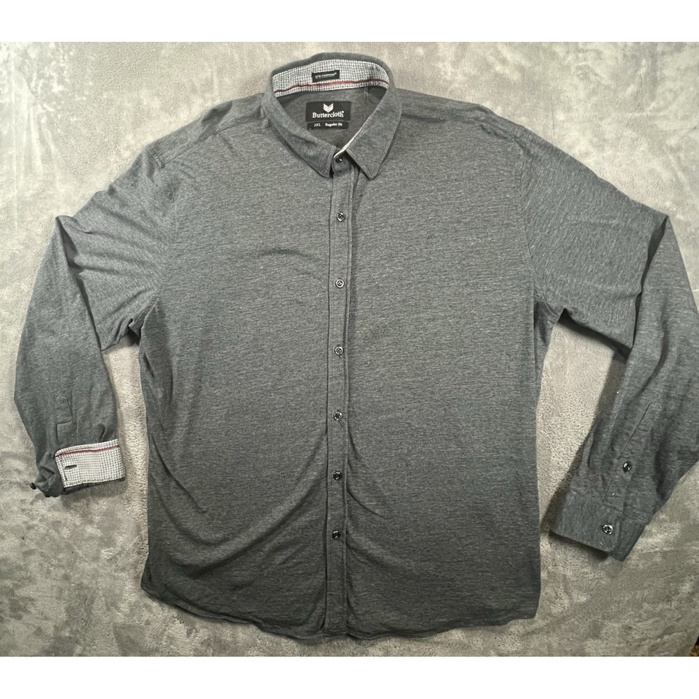 Butter Cloth Button Up Mens 2XL Gray Good Icy Cotton Stretch Business Shirt